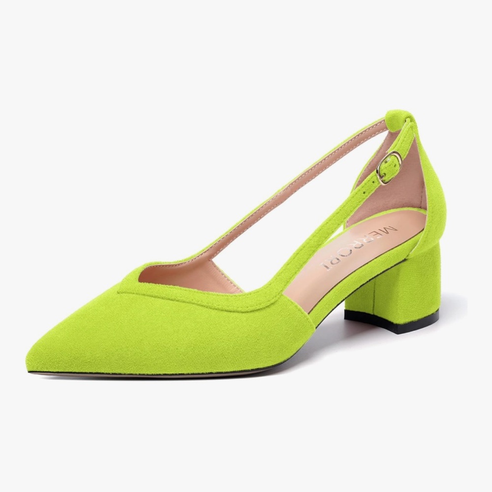 NWT MERRORI Womens Slip On Suede Neon Yellow Pointed Toe Low Heel Pumps - size 7